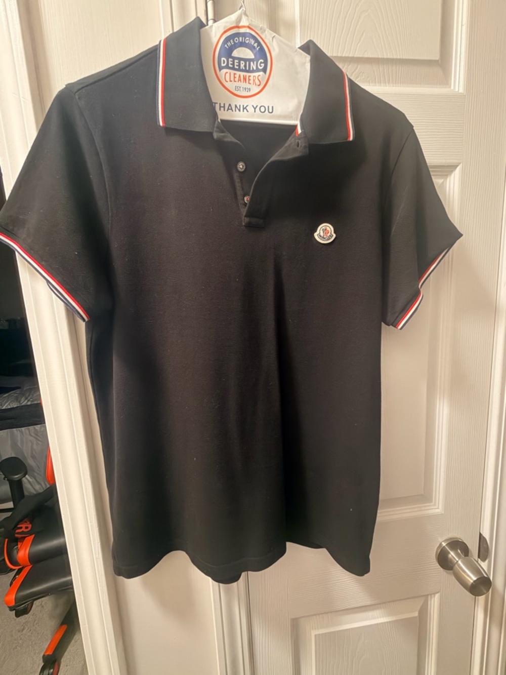 Moncler Black Polo with Red and White Trim and Chest Logo
